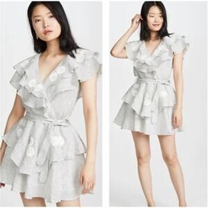 Innika Choo Striped Ruffle Mini Dress OS Linen Floral Embroidery Sailor Wrap